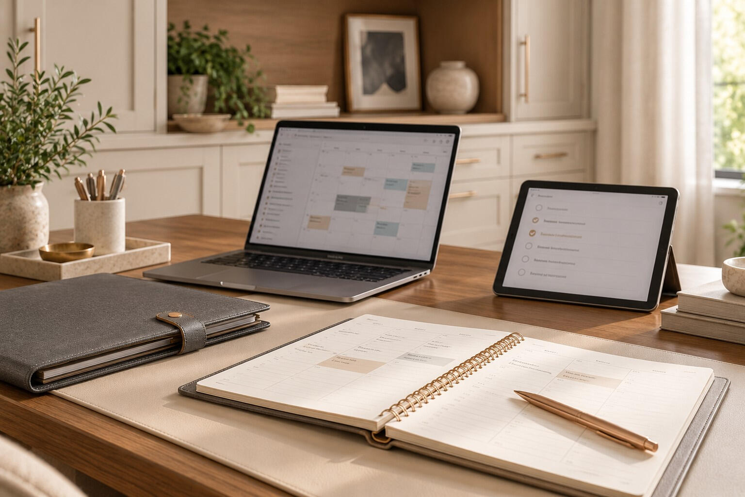 An organized home workspace with an oak desk, laptop, flowers, and bronze lamp.